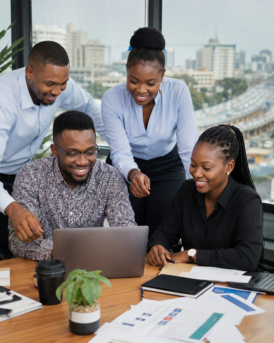 Nigerian business team working together in a Lagos office